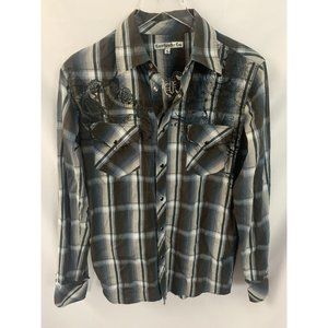 Manchester Escapes Men’s S Gray/Blue Snap Up Button Down Plaid Shirt Embroidered